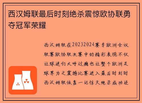西汉姆联最后时刻绝杀震惊欧协联勇夺冠军荣耀