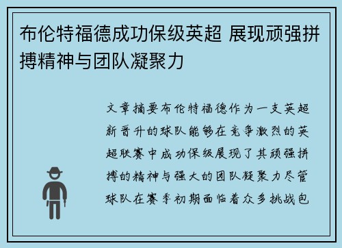 布伦特福德成功保级英超 展现顽强拼搏精神与团队凝聚力 布伦特福德成功保级英超 展现顽强拼搏精神与团队凝聚力